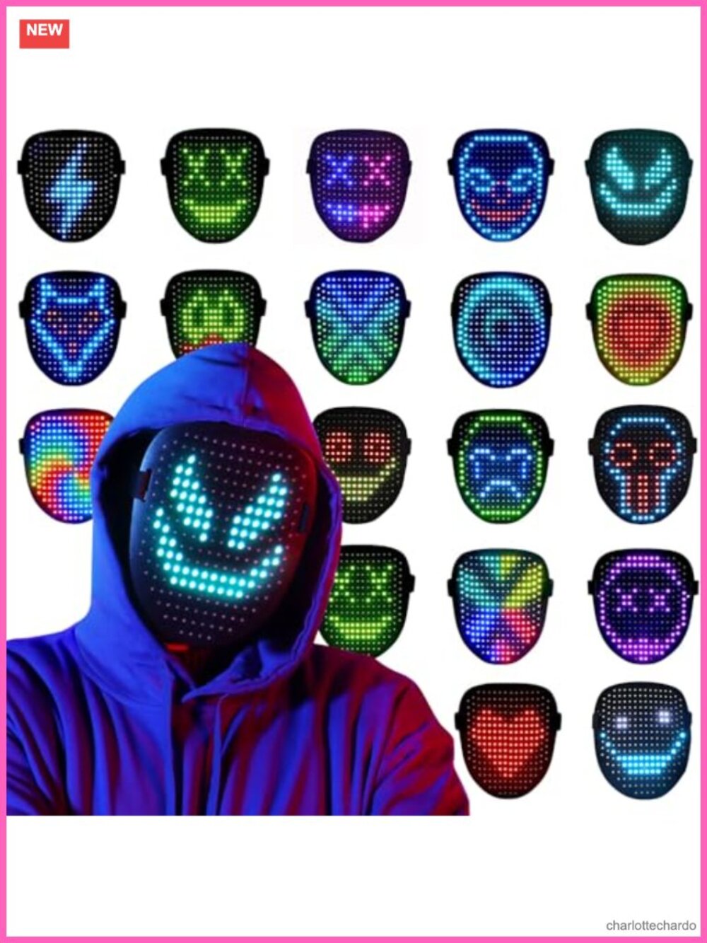 LED Light Up Mask Gesture Sensing 50 Patterns USB-C Rechargeable Costume Mask
